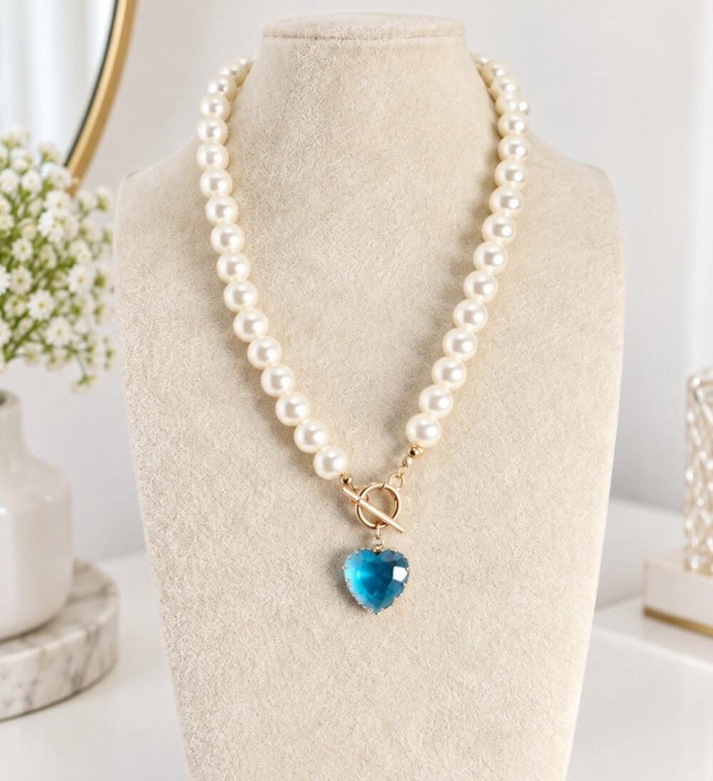 Pearl Toggle Light Blue Glass Heart Pendent Necklace